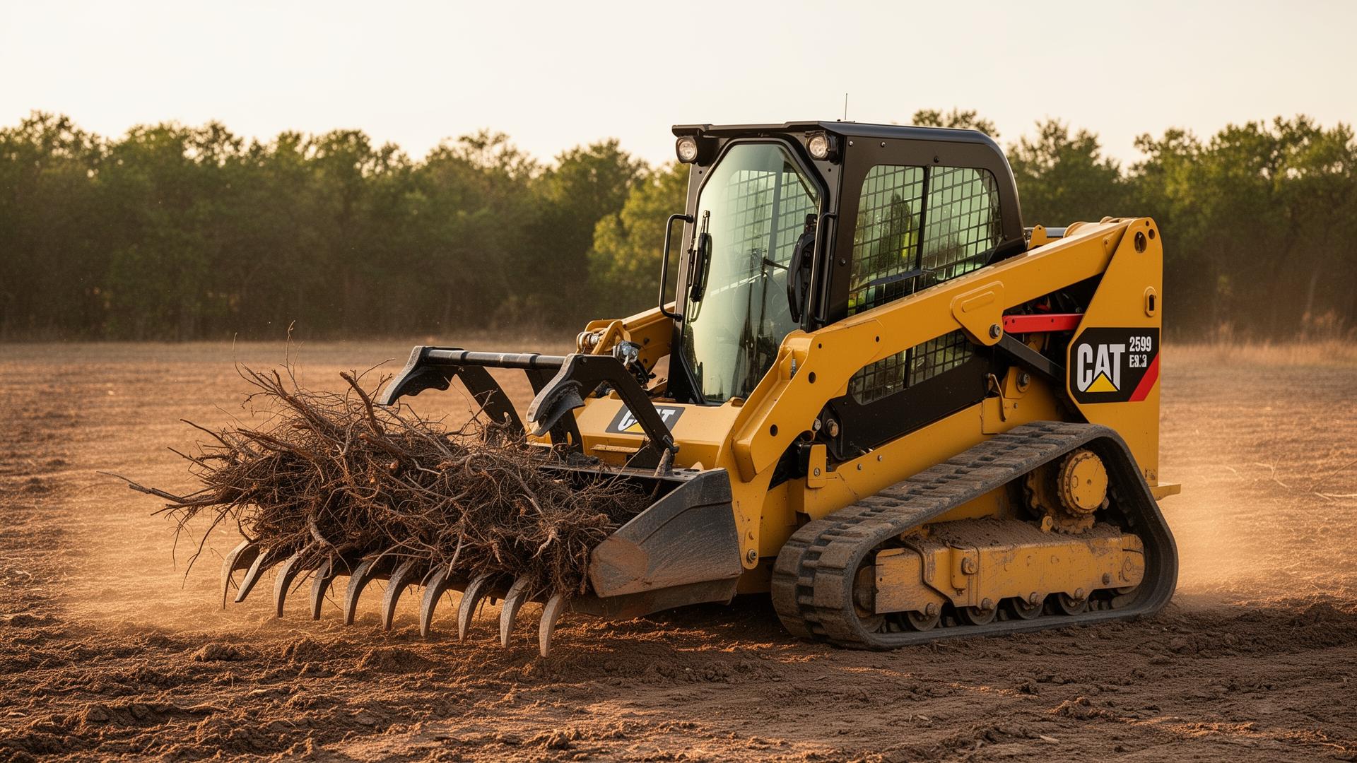 Skid steer with grab rake clearing debris and brush piles from a worksite